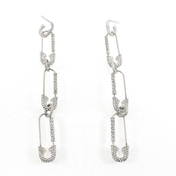 New$1190 GIVENCHY Silver G Clip Safety Pin Crystals Embellished Links Earrings - Picture 5 of 12
